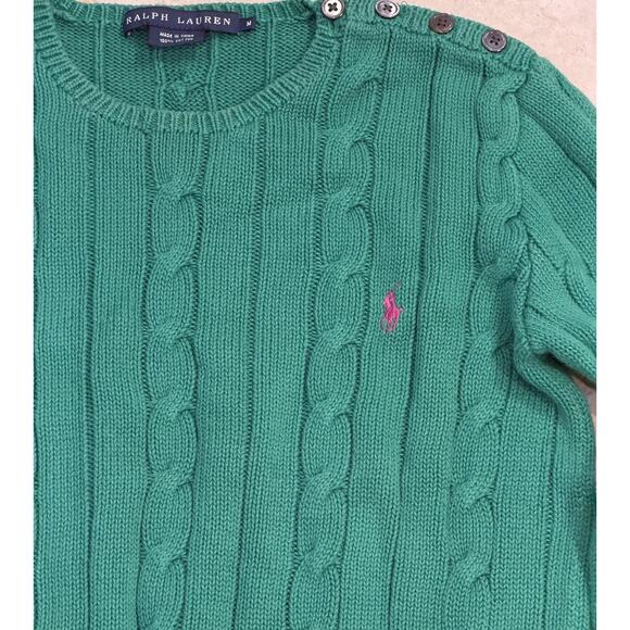 Ralph‎ Lauren Sweater Womens M Cable Knit Boyfriend Crewneck Pink Pony Buttons - Picture 2 of 8